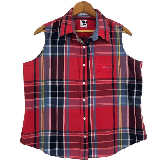 Vtg Rockies Women's Western Button Down Top Sz Large? Sleeveless Crop Plaid - Picture 1 of 8
